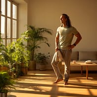 No abandonaras Manu de pie en su salón, con el cuerpo relajado y una expresión tranquila, mirando hacia la ventana bajo una luz cálida de mañana. Representa la satisfacción de haber encontrado una rutina que se mantiene sin esfuerzo.