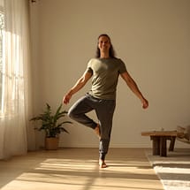 Cuerpo coordinado en tamaño grande Manu realiza un ejercicio de equilibrio sobre una pierna en una habitación iluminada por luz natural. La imagen transmite control, estabilidad y coordinación, conceptos centrales de CeporroFlex.