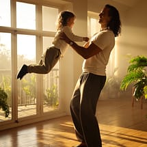 Más confianza en tu cuerpo Manu levanta y juega con un niño en un salón luminoso, mostrando movimiento fluido y confianza recuperada en su cuerpo.